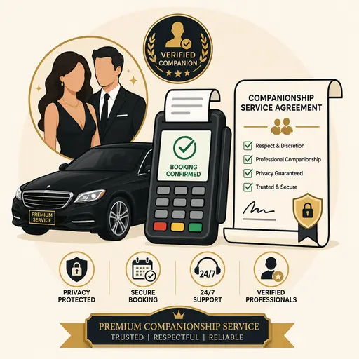 Secure payment and booking confirmation illustration with agreement document and transaction terminal.