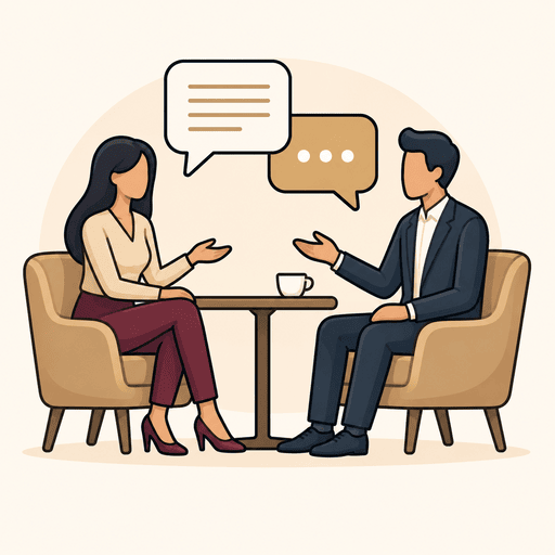 Two people having a conversation, representing a comfortable companionship meeting and interaction.