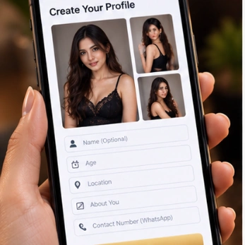 Depiction of a female companion filling out an online profile submission form on SpaEscort.