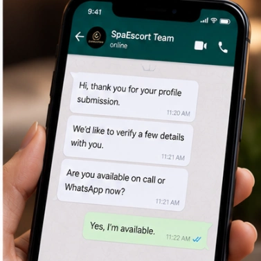 A screenshot of the WhatsApp confirmation chat between the SpaEscort team and the person applying for the profile.